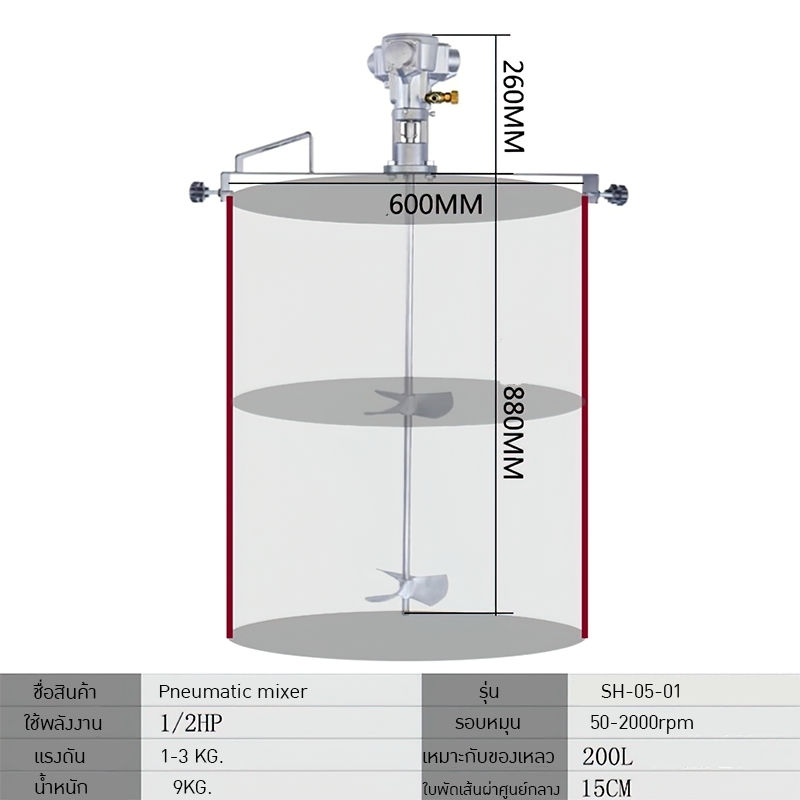 เครื่องกวนแบบลมแนวนอน ยึดถัง IBC 50 SH-05 Pneumatic mixer