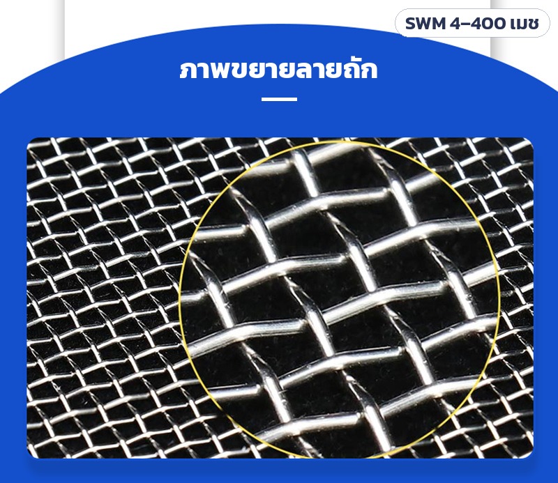 ภาพขยายลายถัก เส้นลวดสแตนเลสสอดขัดกันเป็นช่องสี่เหลี่ยม