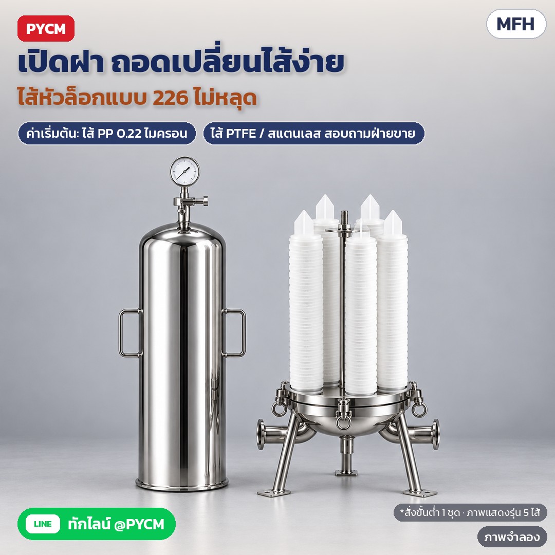 ภาพจำลอง (สร้างด้วย AI ไม่ใช่ภาพถ่ายจริง): เปิดฝาแล้วถอดเปลี่ยนไส้กรองหัวล็อก 226 ได้สะดวก (ภาพแสดงรุ่น 5 ไส้)