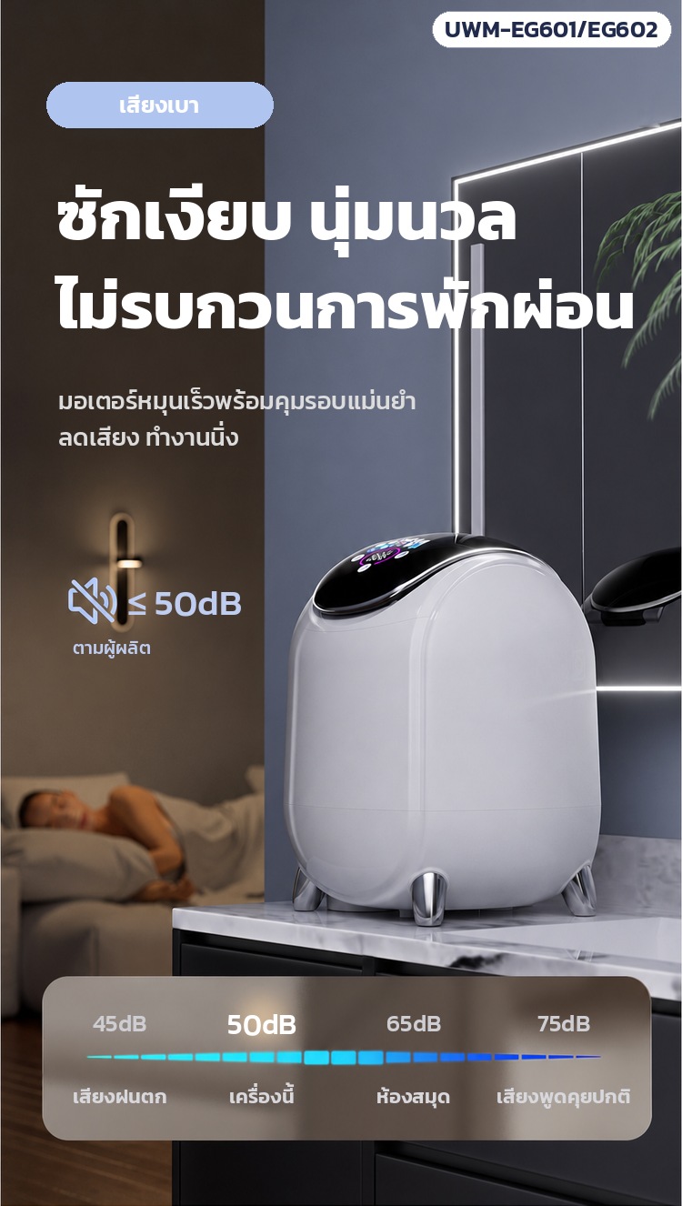 ซักเงียบ นุ่มนวล เสียงไม่เกิน 50dB (ตามผู้ผลิต) ไม่รบกวนการพักผ่อน