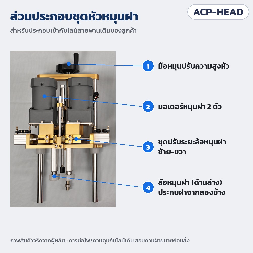 ส่วนประกอบชุดหัวหมุนฝา: มือหมุนปรับความสูง มอเตอร์หมุนฝา 2 ตัว ชุดปรับระยะล้อซ้าย-ขวา ล้อหมุนฝาด้านล่าง · การต่อไฟ/ควบคุมกับไลน์เดิม สอบถามฝ่ายขาย