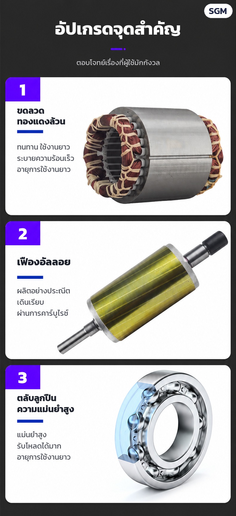 จุดสำคัญ: ขดลวดทองแดงล้วน ระบายความร้อนเร็ว · เฟืองอัลลอยผ่านการคาร์บูไรซ์ เดินเรียบ · ตลับลูกปืนความแม่นยำสูง รับโหลดได้มาก