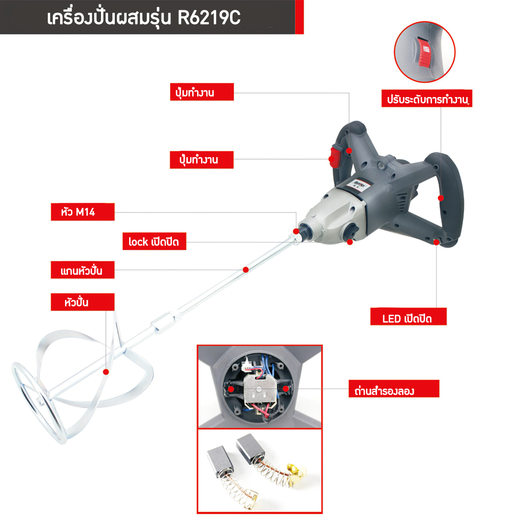 14529 เครื่องปั่นผสมของเหลว เครื่องผสมซีเมนต์ ผสมเคมี ผสมสี หัวปั่นเกรด 304 กันสนิม 1800w